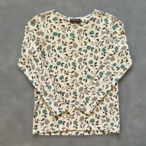 Vintage New York Style Brushed Long Sleeve Tee, Cream with Blue Flowers